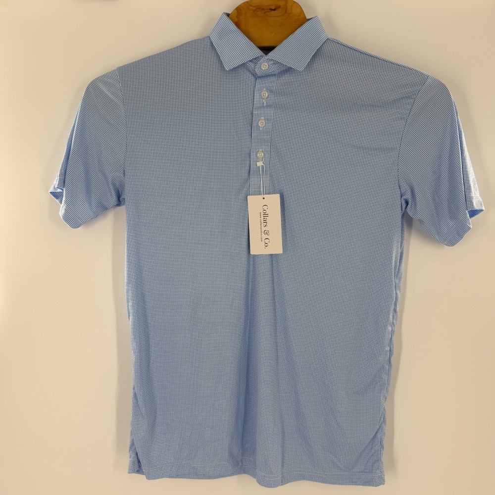 Collars & Co Mens Dress Collar Polo Shirt Blue Houndstooth Short Sleeve NWT